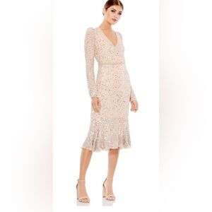 Mac Duggal Champagne Sequin Long Sleeve V-Neck Cocktail Dress